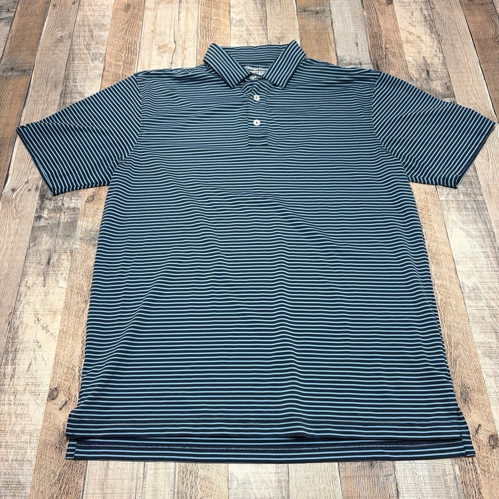 Straight Down Polo Shirt Men's L Blue Black Golf Striped Performance Stretch